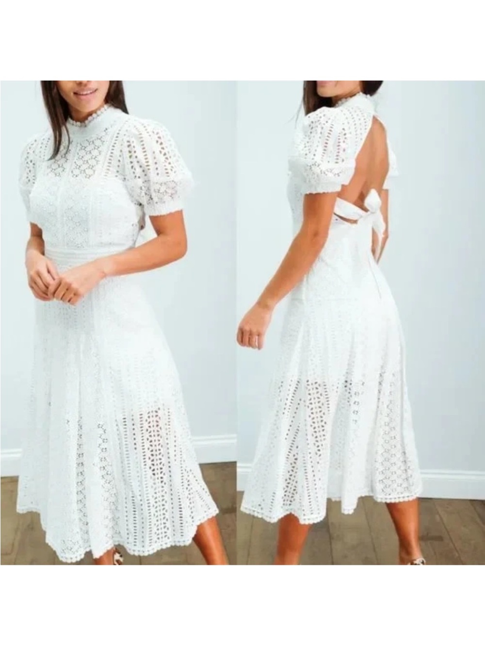 Self-Portrait White Eyelet Lace Midi Dress with Open Back Tie Sz 2